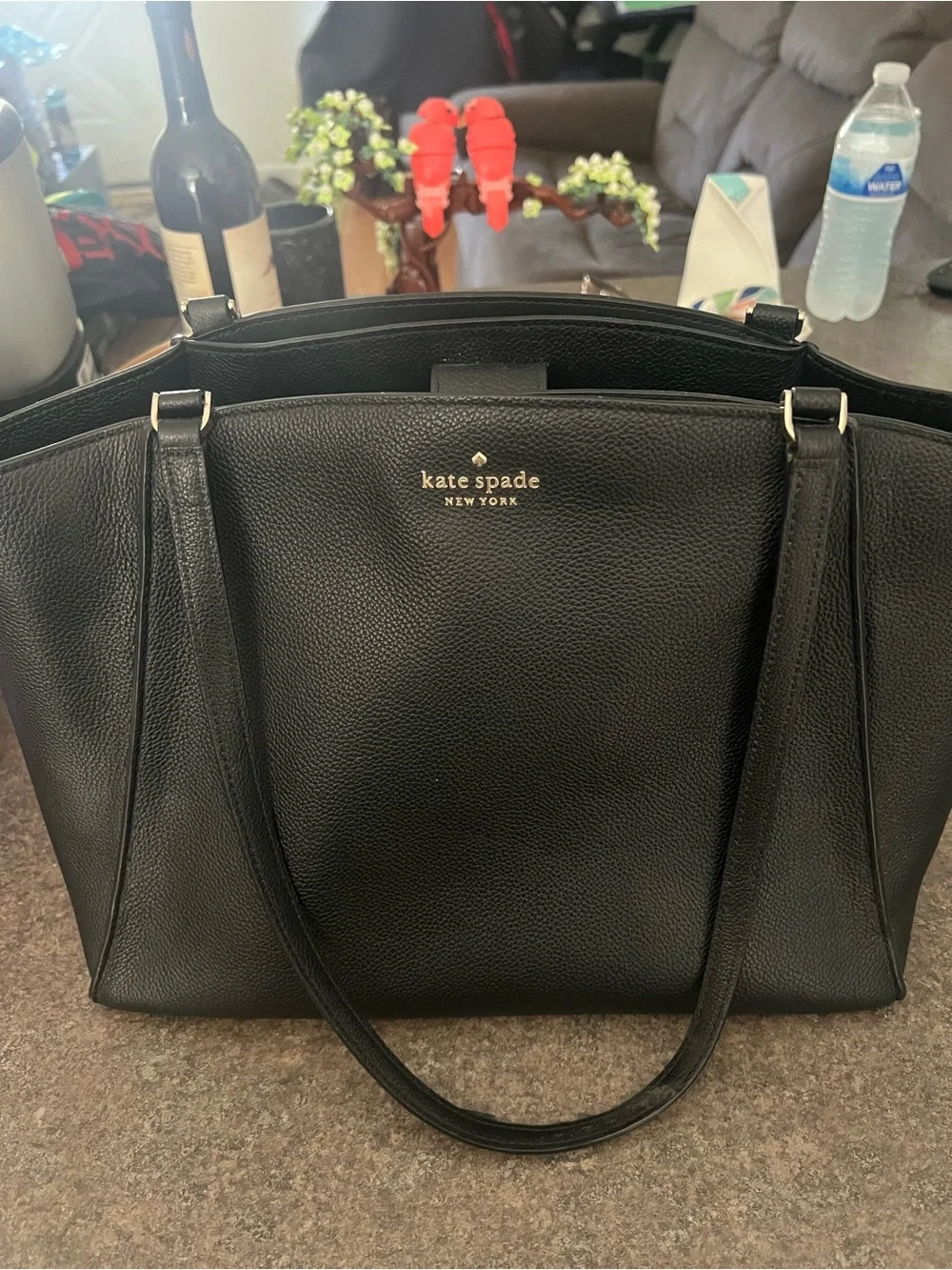 kate spade Black Pebbled Leather Satchel with Gold Logo